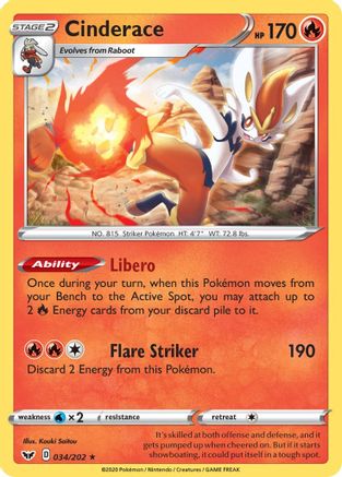 Cinderace (034) 34/202 - SWSH01 Sword & Shield Base Set Reverse Holofoil