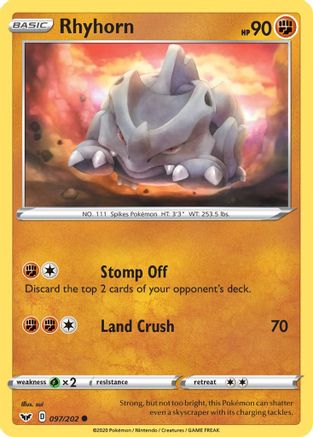 Rhyhorn (097) 97/202 - SWSH01 Sword & Shield Base Set Reverse Holofoil