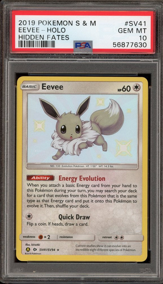 2019 POKEMON SUN & MOON HIDDEN FATES #SV41 EEVEE-HOLO HIDDEN FATES PSA 10