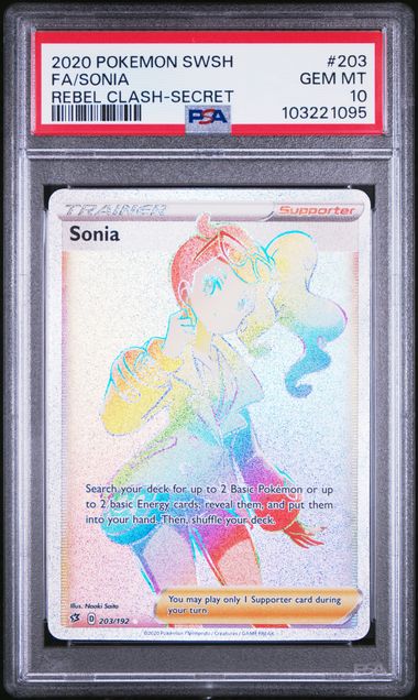 2020 POKEMON SWORD & SHIELD REBEL CLASH #203 FA/SONIA REBEL CLASH-SECRET PSA 10