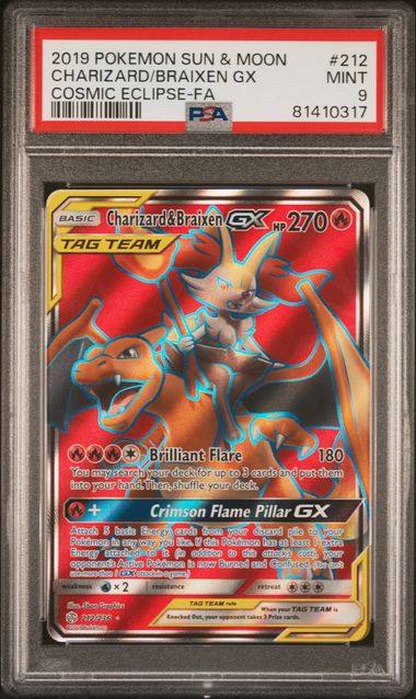 2019 POKEMON SUN & MOON COSMIC ECLIPSE #212 CHARIZARD/BRAIXEN GX COSMIC ECLIPSE-FA PSA 9
